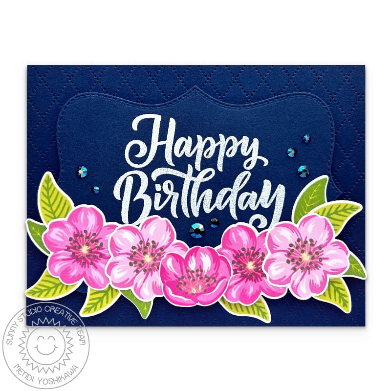 Sunny Studio Hot Pink & Navy Floral Flowers Spring Birthday Card by Mendi using Cherry Blossoms Layering Clear Craft Stamps