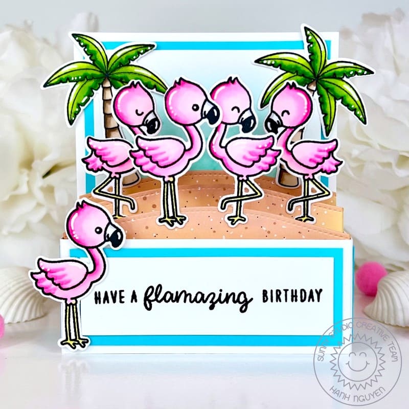 Sunny Studio "Have a Flamazing Birthday" Punny Palm Tree Summer Pop-up Box Card using Sending Sunshine Clear Craft Stamps