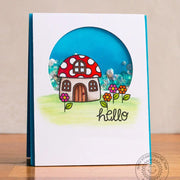 Sunny Studio Stamps Backyard Bugs Mushroom House Round Sequin Shaker Window Hello Card