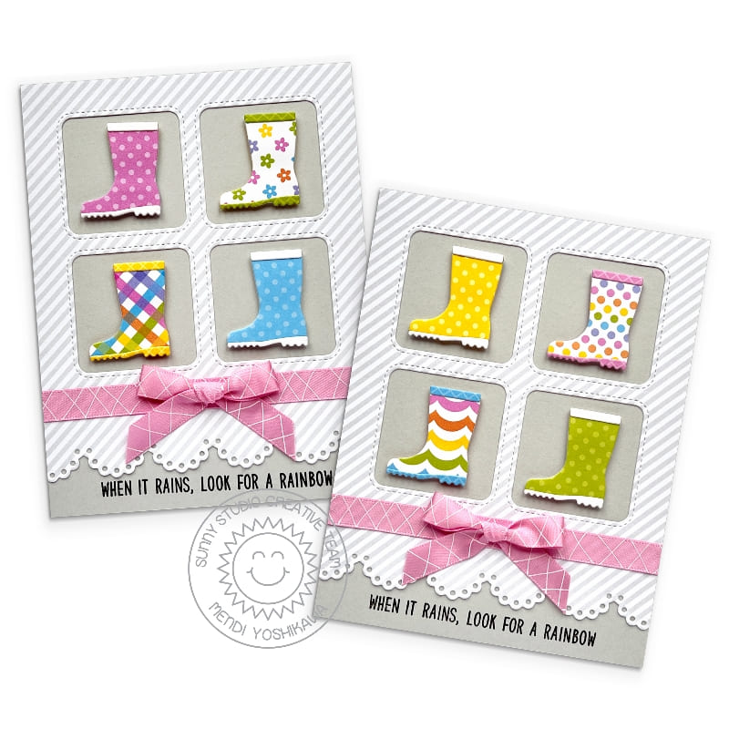Sunny Studio Colorful Rainbow Rain Boots Grid Style Spring Encouragement Card (using Ribbon & Lace Border Slimline Dies)