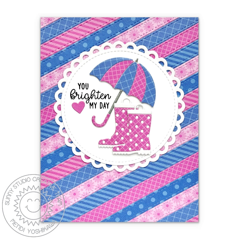 Sunny Studio Diagonal Striped You Brighten My Day Umbrella & Rain Boots Card using Ribbon & Lace Border Slimline Cutting Die