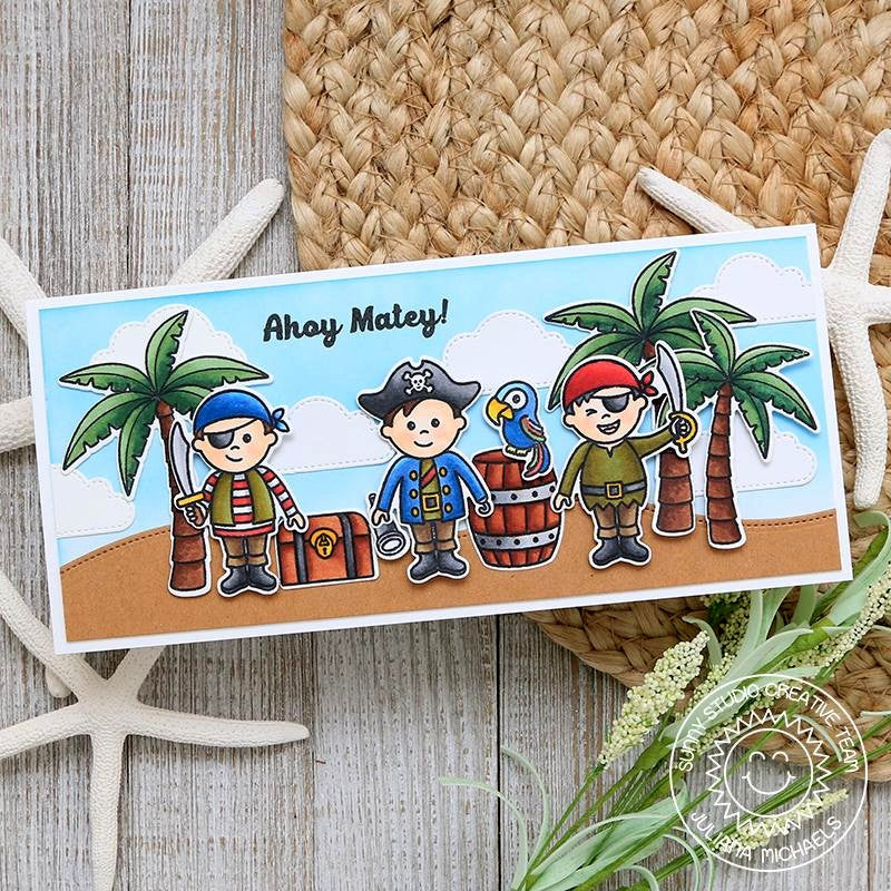 Sunny Studio Stamps Pirate Pals Ahoy Matey Elongated Card (using Palm Tree stamp from Sending Sunshine set)