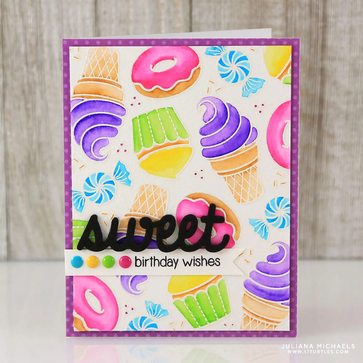 Sunny Studio Rainbow Watercolor Ice Cream Cone, Cupcake, Donut & Candy Birthday Card using Sweet Word Metal Cutting Die